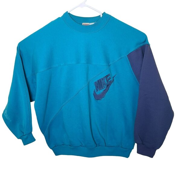 VTG 90s Nike Colorblock Crewneck Sweatshirt Sz LG Turquoise & Navy Blue Swoosh - Picture 1 of 8